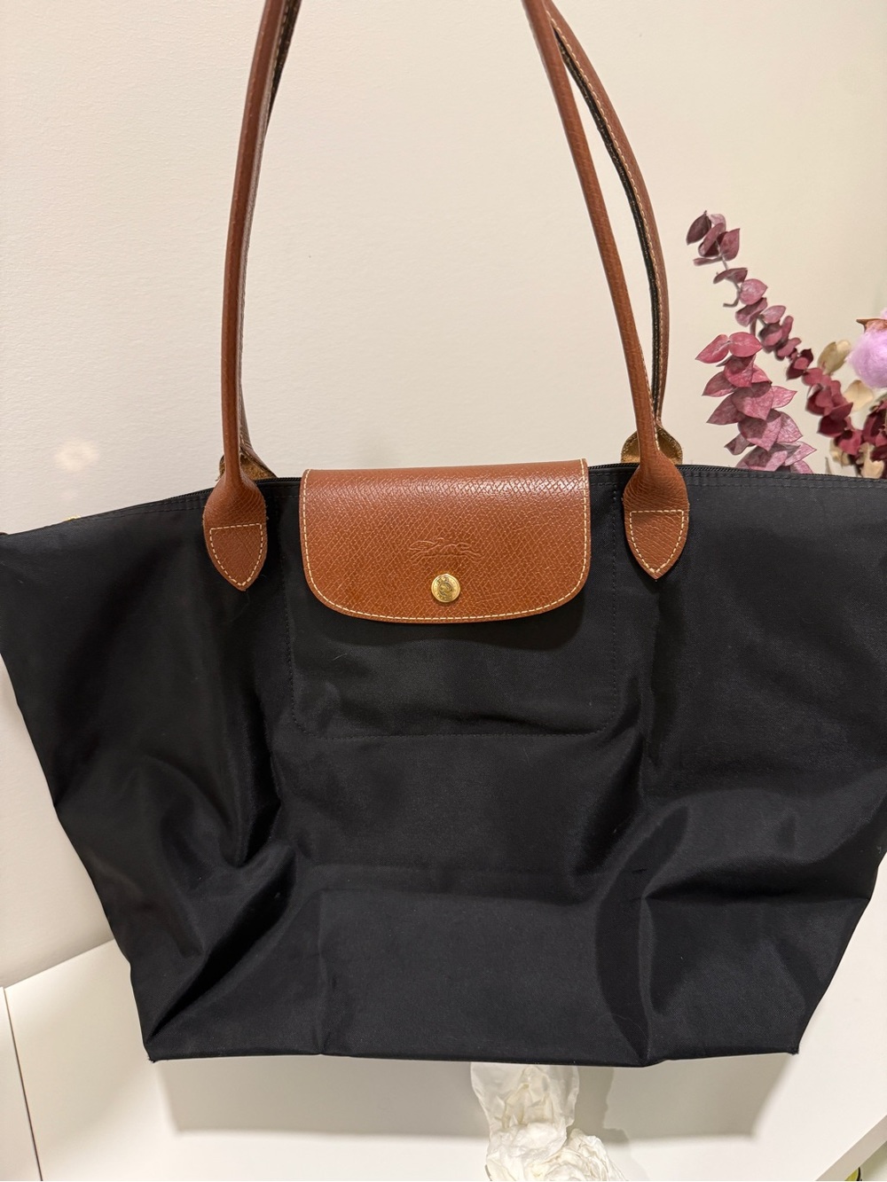 Longchamp Le Pliage Black Tote with Long Handles and Brown Trim